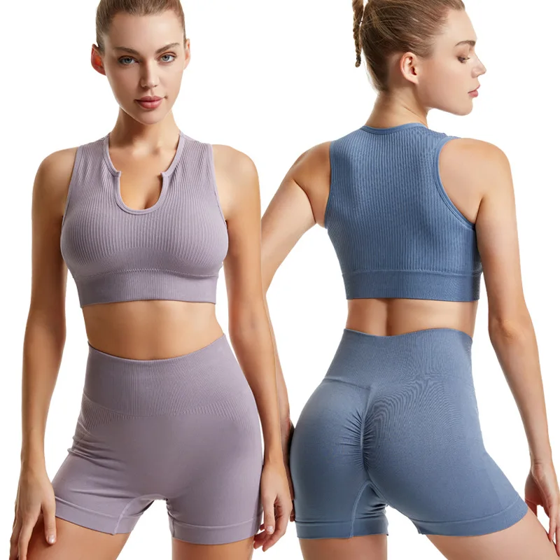 

2pcs Slim Short Ribbed Yoga Suit Seamless Tops High Waist Shorts Women Fitness Gym Clothing Set Beautiful Summer Sport Workout