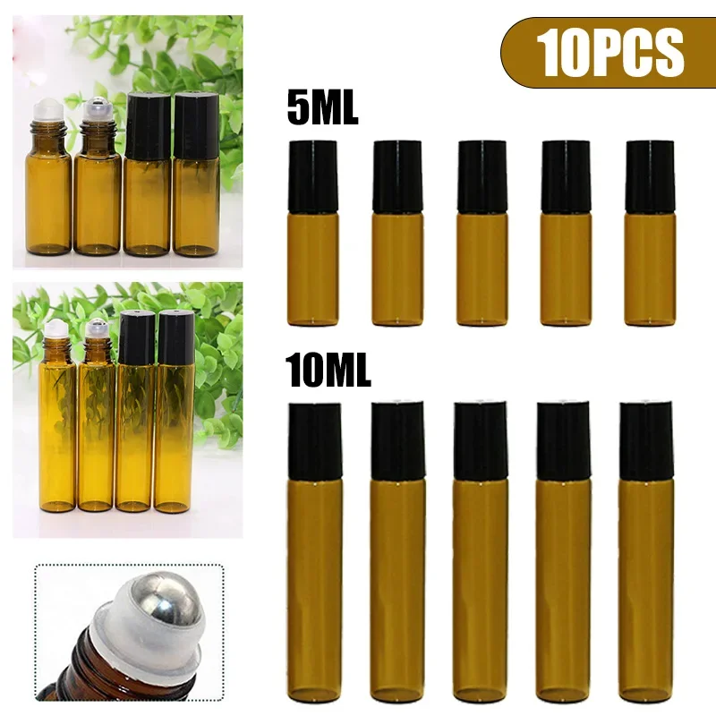 10PCS 5/10ml Amber Glass Empty Roll on Bottles Refillable Sample Test Essential Oil Vials Roller Ball Liquid Container
