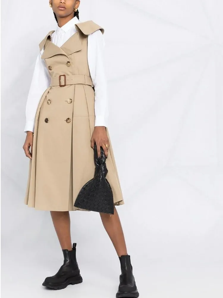 

Woman Waistcoat Dress All Match Summer Vest Dress Classcial Double Single Draped Folds Lady Knee Length Sleeveless Dress
