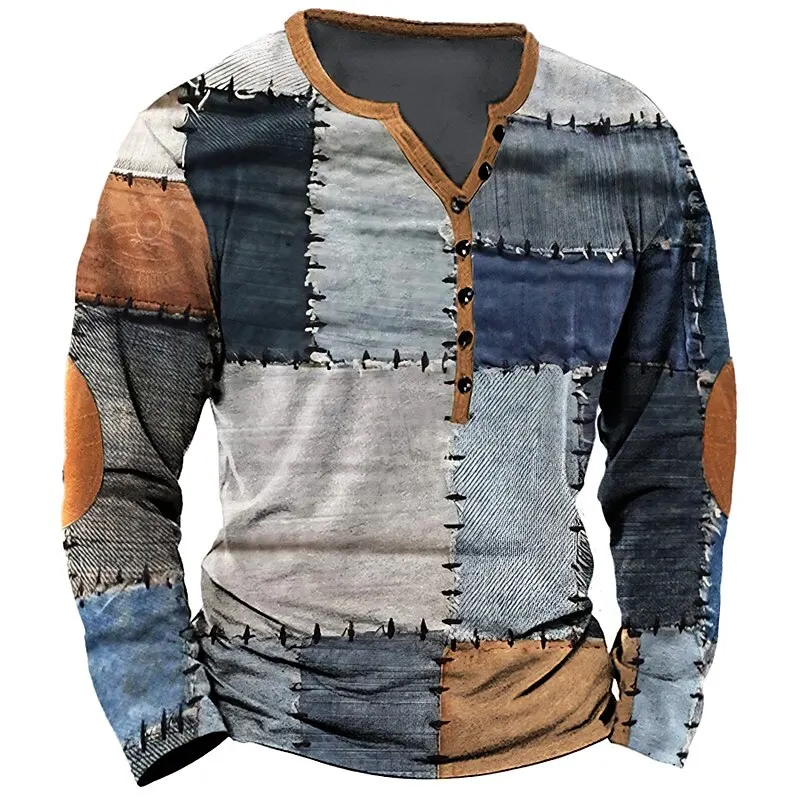 Patchwork Denim Vintage T-Shirt For Men Patchwork Grid Graphic T Shirts  3D Printing Short Sleeve Tee Oversized Man Clothing Top