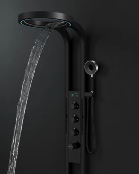 ระบบฝักบัวอาบน้ำแบบเทอร์โมสแตติกพร้อมไฟ LED ดิจิตอล Idealex 4 ฟังก์ชั่น หัวฝักบัวแบบเรนชาวเวอร์และวอเตอร์ฟอลล์ สแตนเลส พร้อมที่แขวนผ้าขนหนู 1