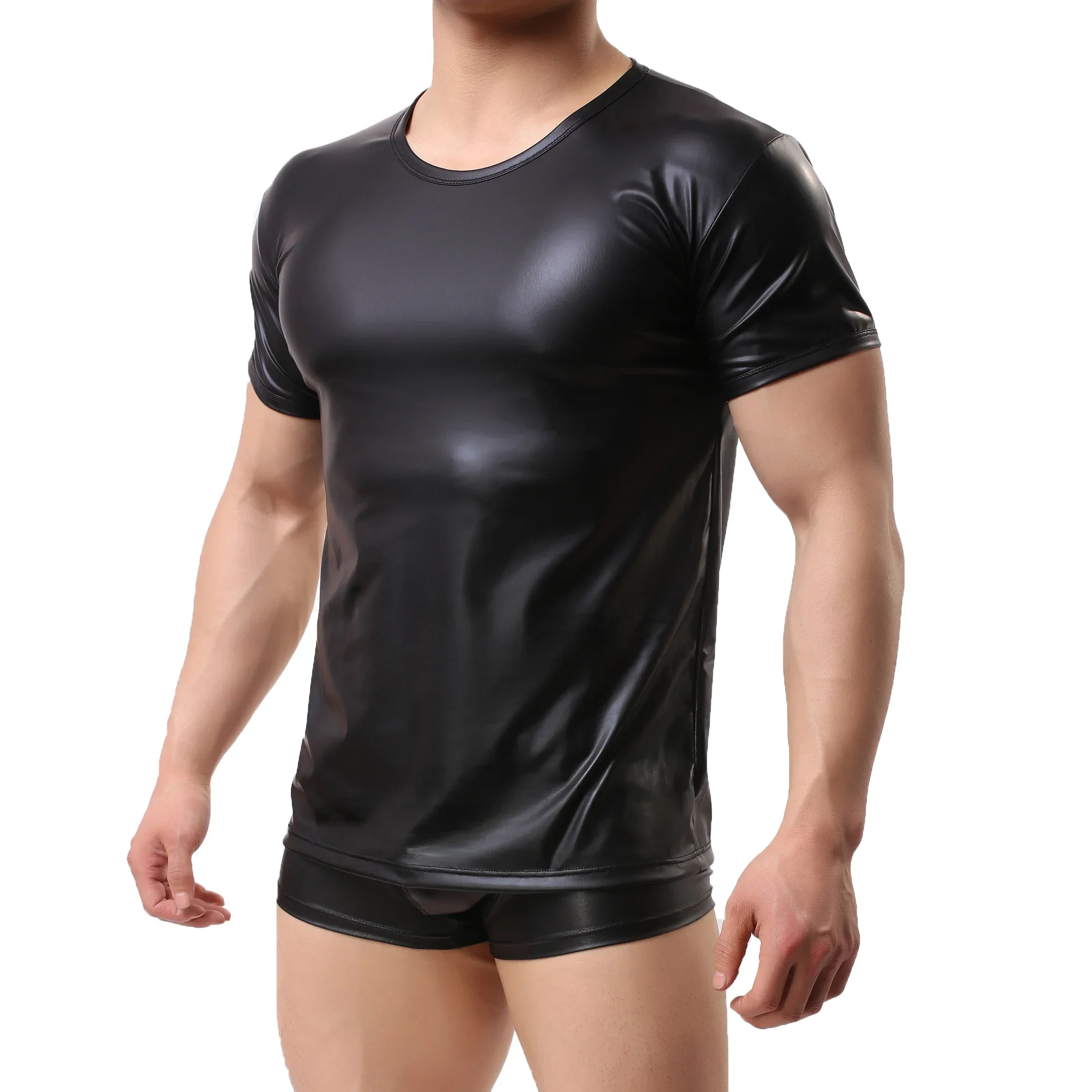 Mens PU Leather Short Sleeve T-shirt Sexy Latex Leather T-shirt Tops Boxer Shorts Underwear Stage Party Clubwear Men Clothes Set