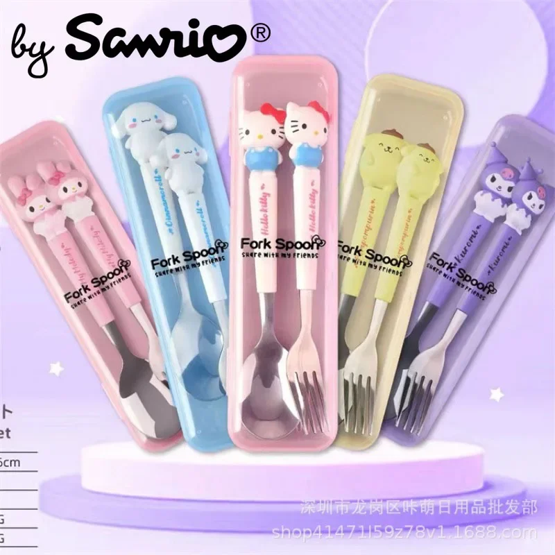 

New Sanrio Hello Kitty Kuromi Cinnamoroll Kitchen Supplies Spoon Fork Stainless Steel Tableware Set Anime Kawaii Cute Items Kids