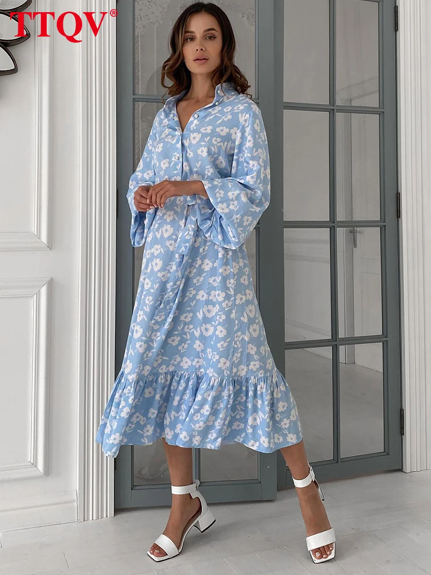 

TTQV Autumn Casual Blue Print Dresses For Women 2023 Elegant Puff Sleeve Lace-Up Dresses Fashion Button Mid-Calf Dress Female