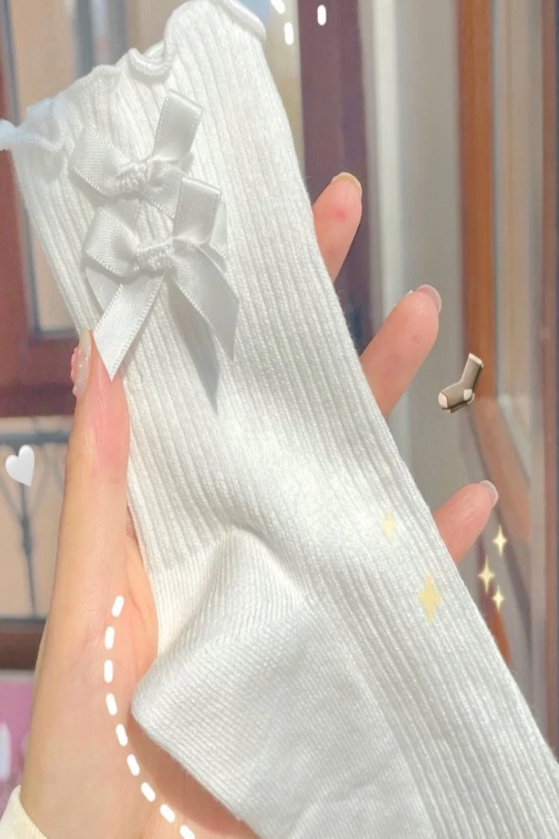 5 Pairs Lolita White Bow Lace Middle Tube Japanese College Style Princess Socks Sweet JK Streetwear Hosiery_voghion.com