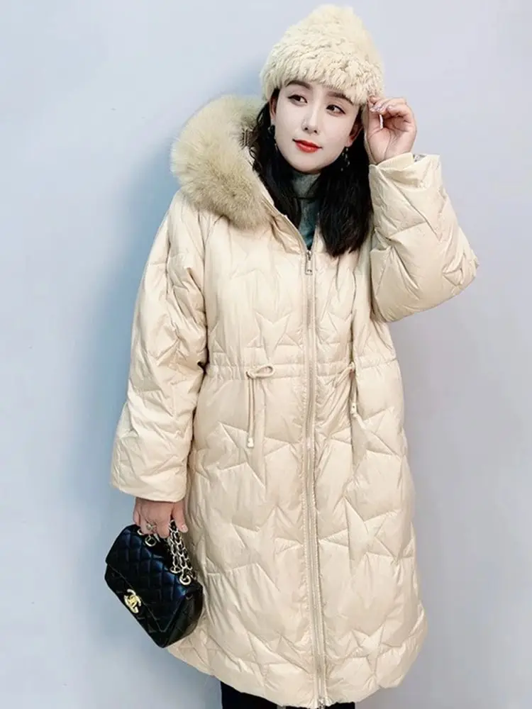 Large size down jacket women fat 2023 new x-long real wool big collar 90% white duck down casual High quality light warm coat