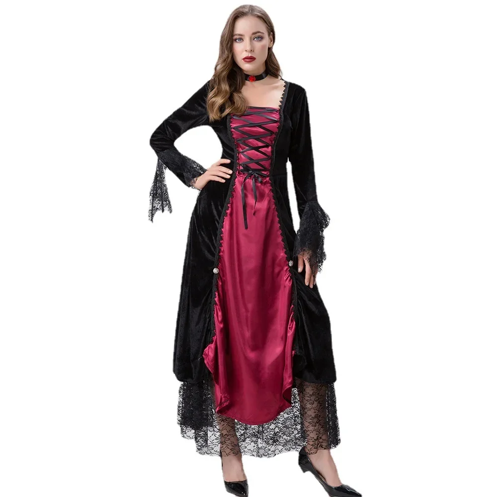 

Halloween Gothic Vampire Queen Medieval Vintage Lace Dress Fancy Masquerade Costume