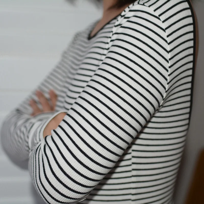 Women Cotton Low Back Long Sleeve Black And White Striped Bodysuit