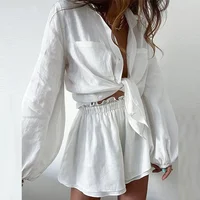Cakulo 2025 Women's Summer 2-Piece Outfit Long Sleeve Button-Down Loose Blouse And Shorts Sweatsuit Set Casual Comfortable Style - Image 4