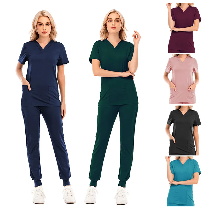 

Thin Hand Washing Clothes Short Sleeve Tops+Pants Scrub Sets Unisex Doctors Surgical Uniforms Nurses Elastic V-neck Overalls.