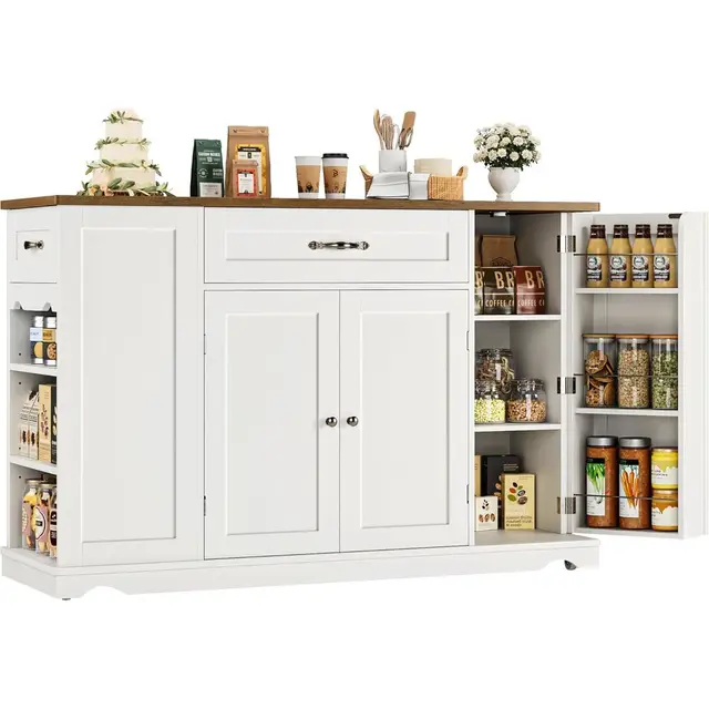 47'' White Rolling Kitchen Island with Storage & Adjustable Shelves, Mobile Dining Cart