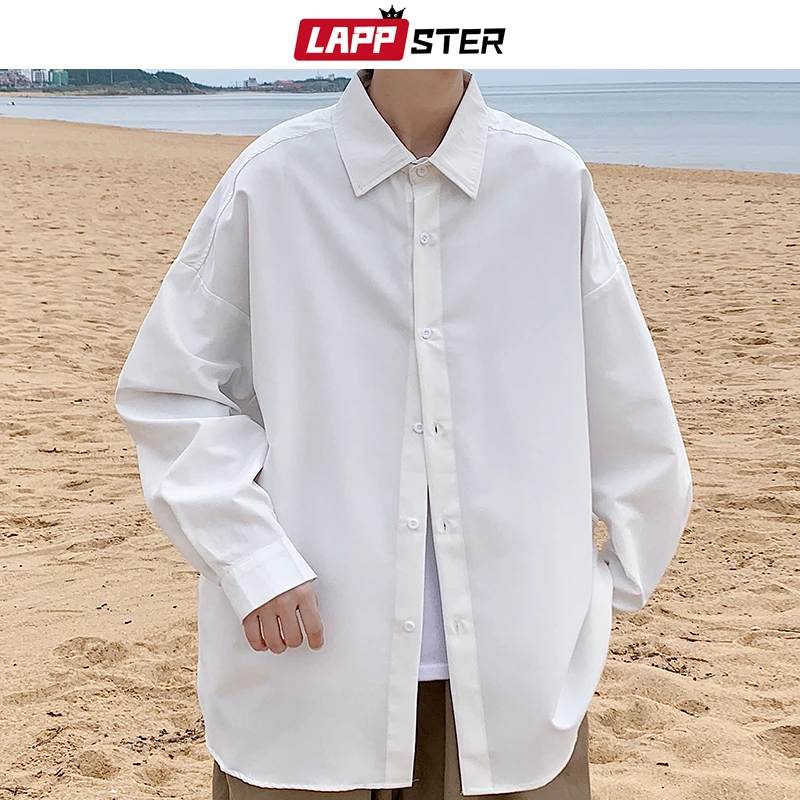 LAPPSTER Men White Solid Vintage Shirts 2023 Mens Harajuku Fashion Oversize Shirt Male Black Casual Streetwear Blouses Plus Size