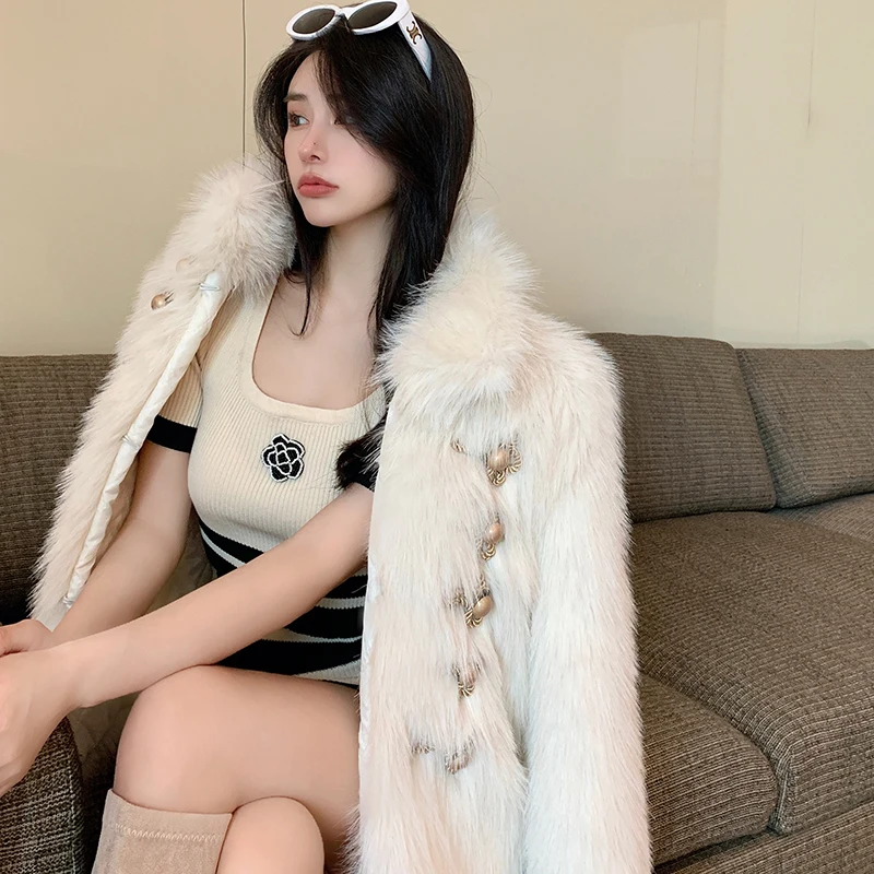 Faux Fur Women Coat 2023 Winter Fashion Double Breast Thick Warm Long Sleeves Stand Collar Korean Lady New Faux Fur Coats