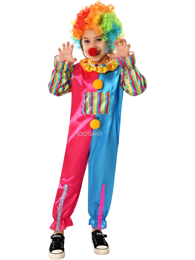 

2024 Children's Clashing Jumpsuit And Wig Clown Role-playing Cos Clothes Carnival Patchwork Clown Costume Funny Outfit For Opera