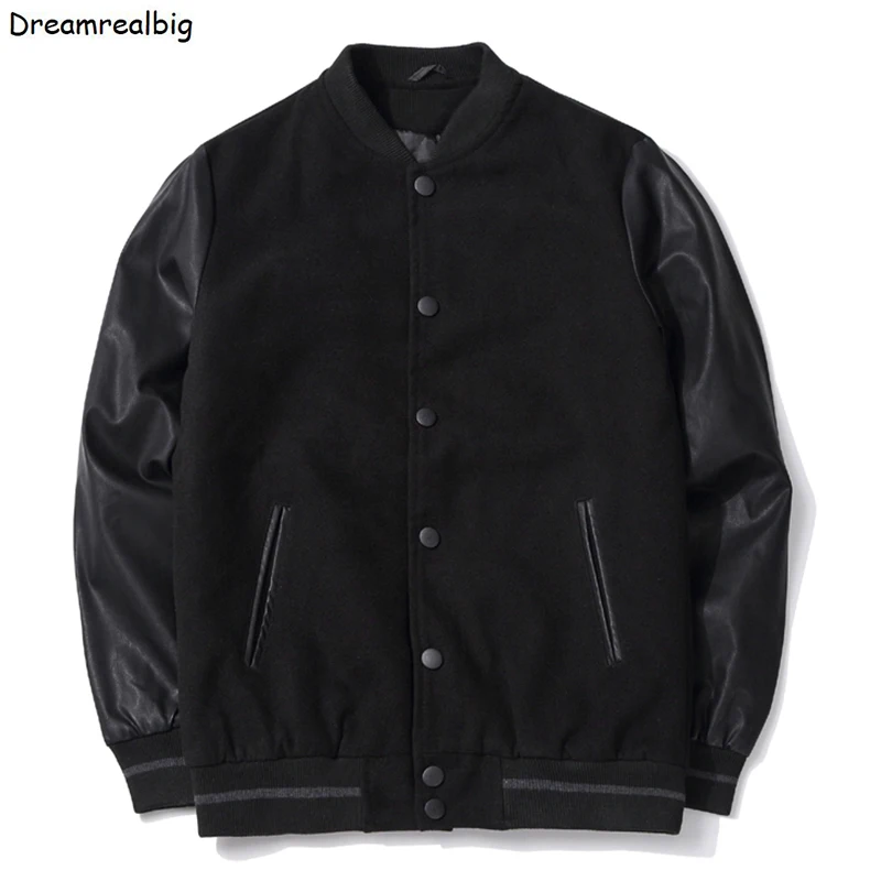 Japan Style Men PU Leather Patchwork Black Baseball Jacket 2022 Spring Autumn Stand Collar Mens Casual Varsity Woolen Coat
