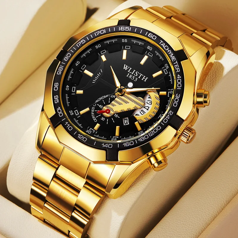 

Top brand quartz watch calendar steel strip waterproof gold men's watch fashion commercial men's watch
