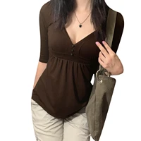 Chemise à manches longues et col en V pour femmes, chemise à boutons, ourlet de poitrine, t-shirt en Y, décor de document solide, vêtements pour femmes, années 2000 2