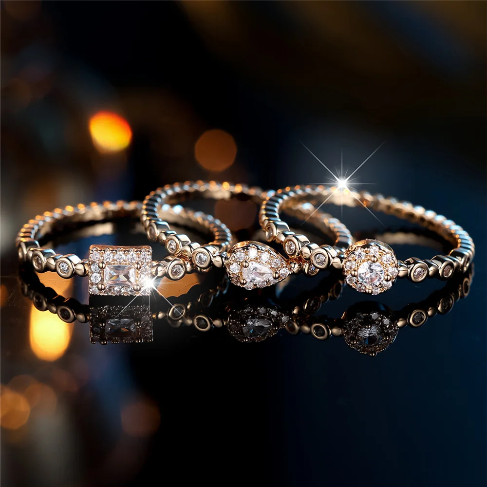 Crystal Female White Zircon Stone Ring Set Fashion Luxury Gold Color Bridal Wedding Engagement Jewelry For Women