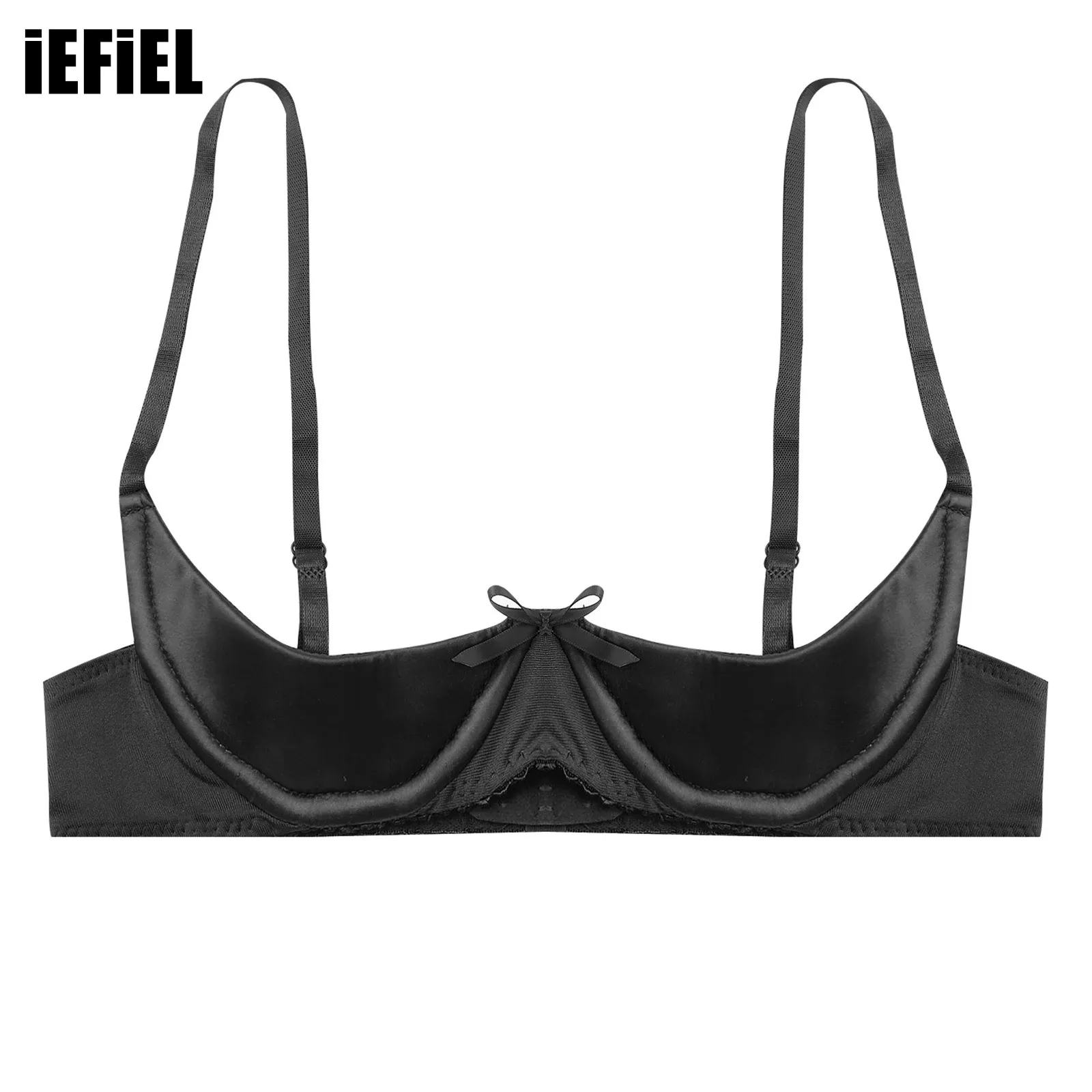 

Womens Sexy Satin Bra Lingerie Adjustable Spaghetti Straps Underwire Half Cup Bow Push Up Balconette Bra Underwear