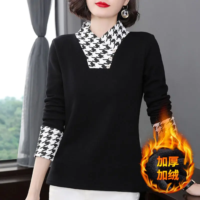 2023 Autumn/Winter New Half High Collar Long Sleeve Bottom Shirt Splicing Office Lady Casual Comfortable Leisure Button Shirt 3
