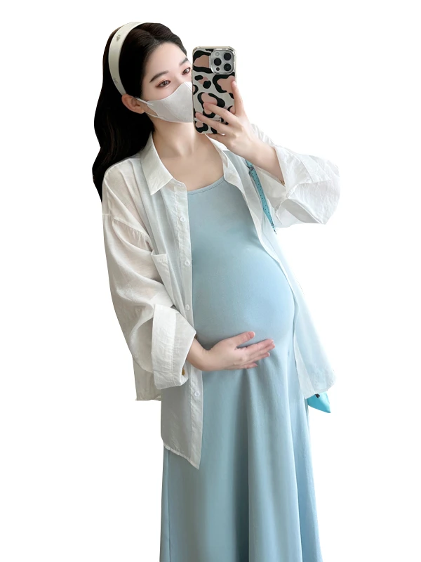 출산 여름 새로운 느슨한 한국 스타일 패션 간단한 슬리밍 스퀘어 칼라 튜브 드레스 태양 보호 셔츠 세트 두 조각