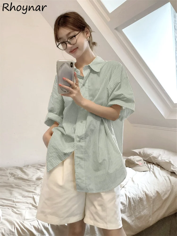 

Striped Loose Shirts Women Summer Vintage College Graceful All-match Simple Shorts-sleeve Korean Style Trendy Camisa Unisex Tops