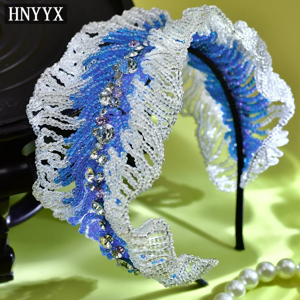 

HNYYX Crystal Beaded Headband Blue Wide Rhinestone Hair Hoop Luxury Hair Pieces for Women Wedding Party Hair Accessories A44