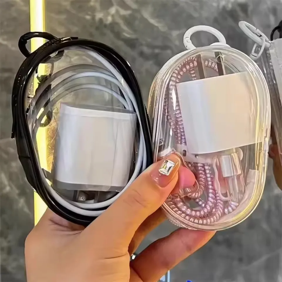 Mini bolsa de armazenamento transparente portátil com zíper - organizador que economiza espaço para fones de ouvido e carregadores, versátil com prático laço de chaveiro