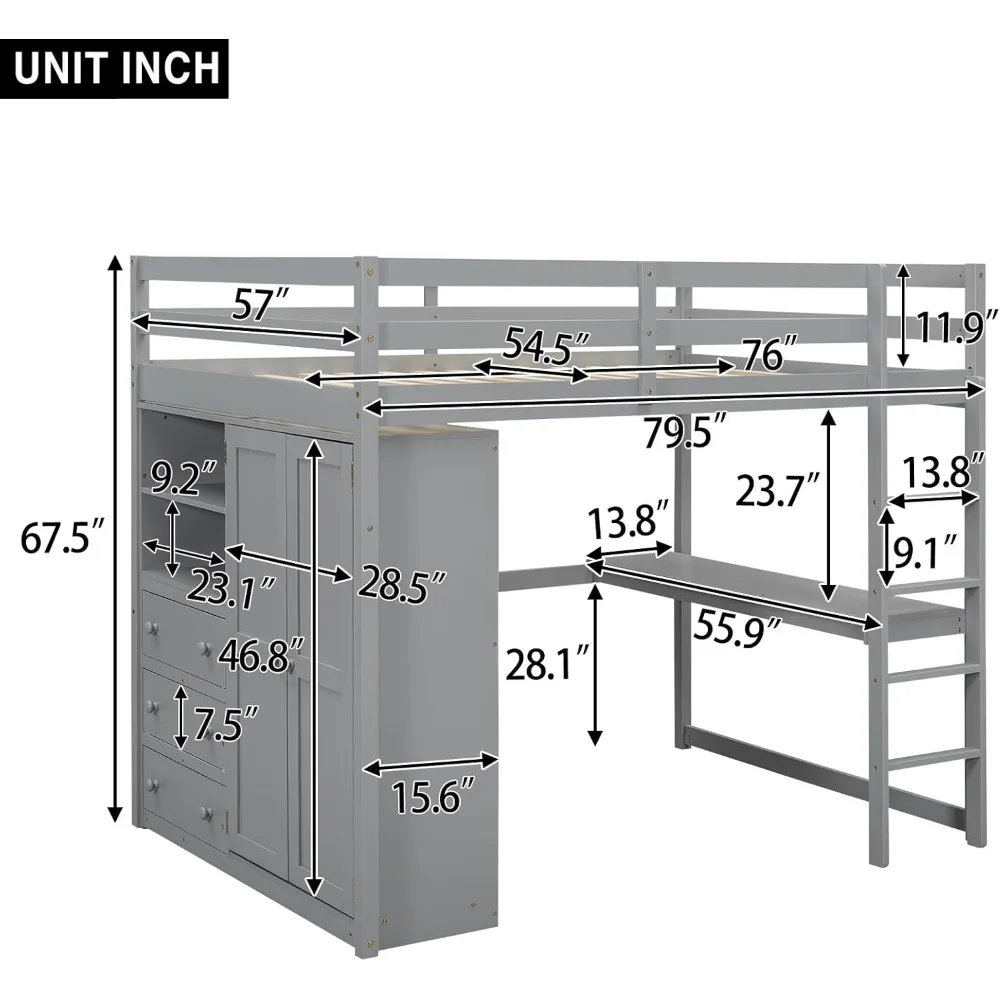 Full Size Loft Bed with Built-in Wardrobe, Desk, Storage Shelves and Drawers, Solid Wood Loft Bed Frame, Wardrobe 4