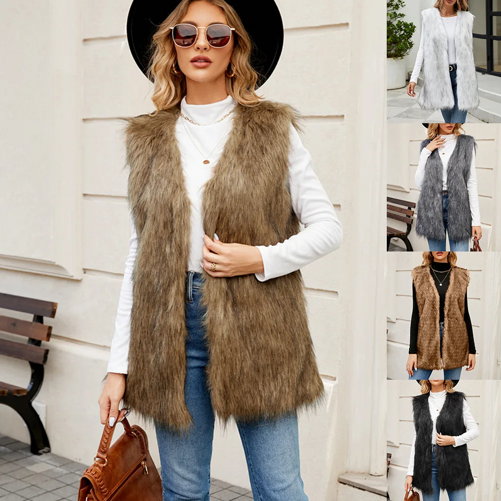 Sleeveless Jacket Women Faux Fur Vest V Neck Thick Jackets High Street Cardigan Coat Elegant Female Warm Vests Winter 2024