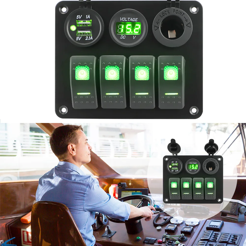 

LED Rocker Switch Panel 4 Gang Digital Voltmeter for Car RV Camper Caravans Dual USB Port DC 12V/24V Circuit Breaker