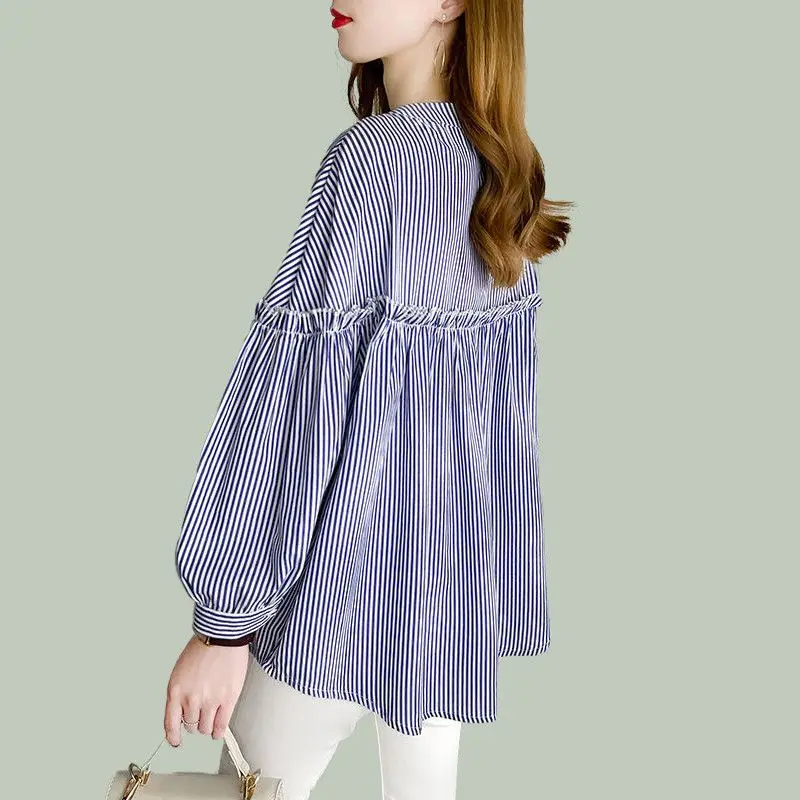 여성 용수철 라운드넥 쉬폰 인형 셔츠, 다용도 슬리밍 상의, 캐주얼 패션, 한국 버전, 어려 보이는, 여름 신상