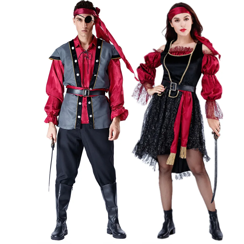

Carnival Halloween Pirate Couples Costume Medoeval Gothic Caribbean Pirate Captain Role Play Cosplay Fancy Party Dress Adult