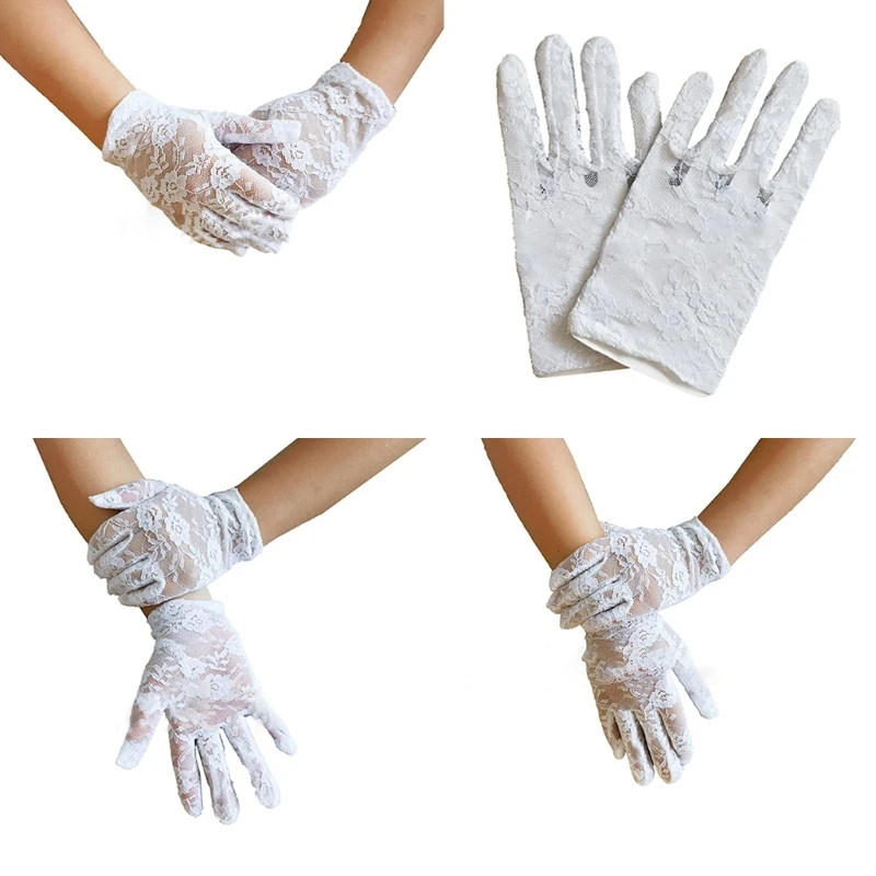 цена Lace Floral Pattern Fashion Elastic Cuffs Gloves Elastic Bridal Etiquette Short Lace Gloves See Through White Gloves
