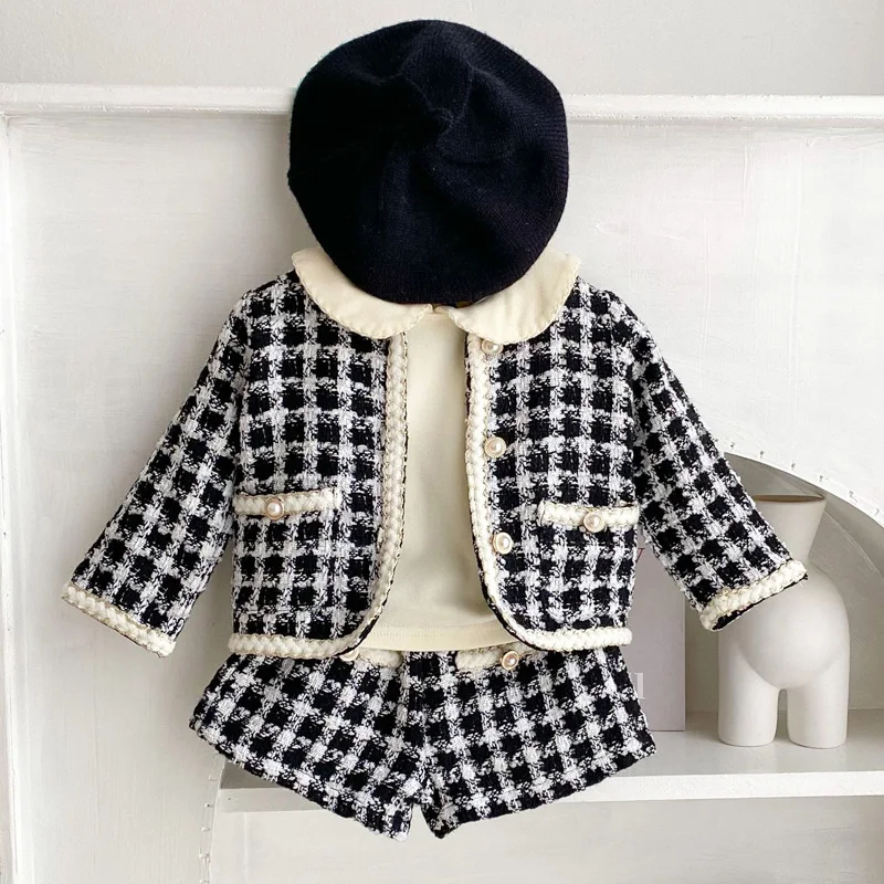 2023BabyGirlOutfitSetSpringAutumnPlaidKidsCoatsShorts2PCS
