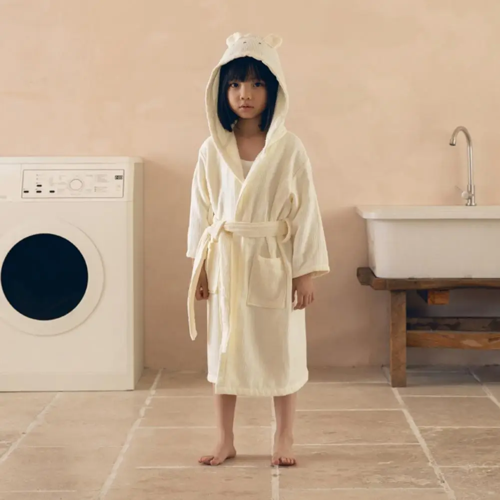 Kids Hooded Bathrobe Belted Thick Soft Water Absorbent Children Robe Solid Color Boys Girls Toddlers Robe Pajamas Sleepwear