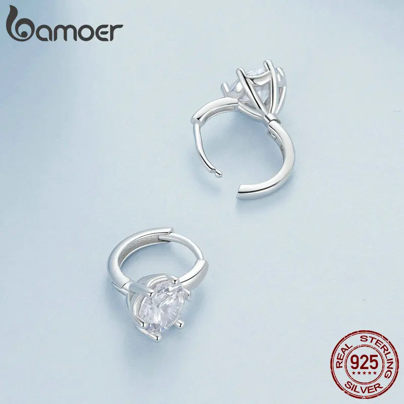 BAMOER Platinum Plated Cubic Zirconia 925 Sterling Silver Hoop Earrings, Solitaire Small Round Huggie Fashion Earrings for Women