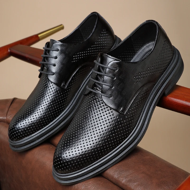 Mens Leather Dress Shoes Summer Elevator Shoes Men Dress Shoes 3/6/8 Cm Men Formal Hollow Classic Business Luxury Oxfords Footwear Suit