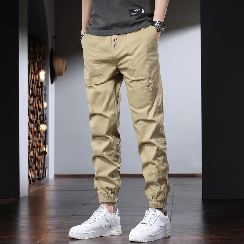 Summer Khaki Casual Pants Men Korean Style Cotton Slim Fit Elastic Waist Drawstring Joggers Trousers