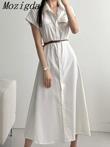 Summer Cotton Waisted Long Shirt Dress Women Elegant Vintage Turn Down Ladies Dresses Korean Chic Woman Vestidos Robe Femme