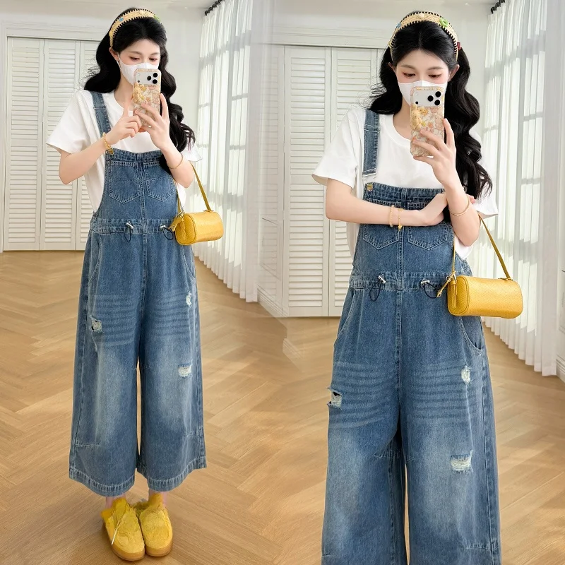 봄 여름 신상 루즈핏 데님 나인 포인트 빕 오버올 화이트 반팔 상의 세트 임산부 한국 스타일 코튼 이너