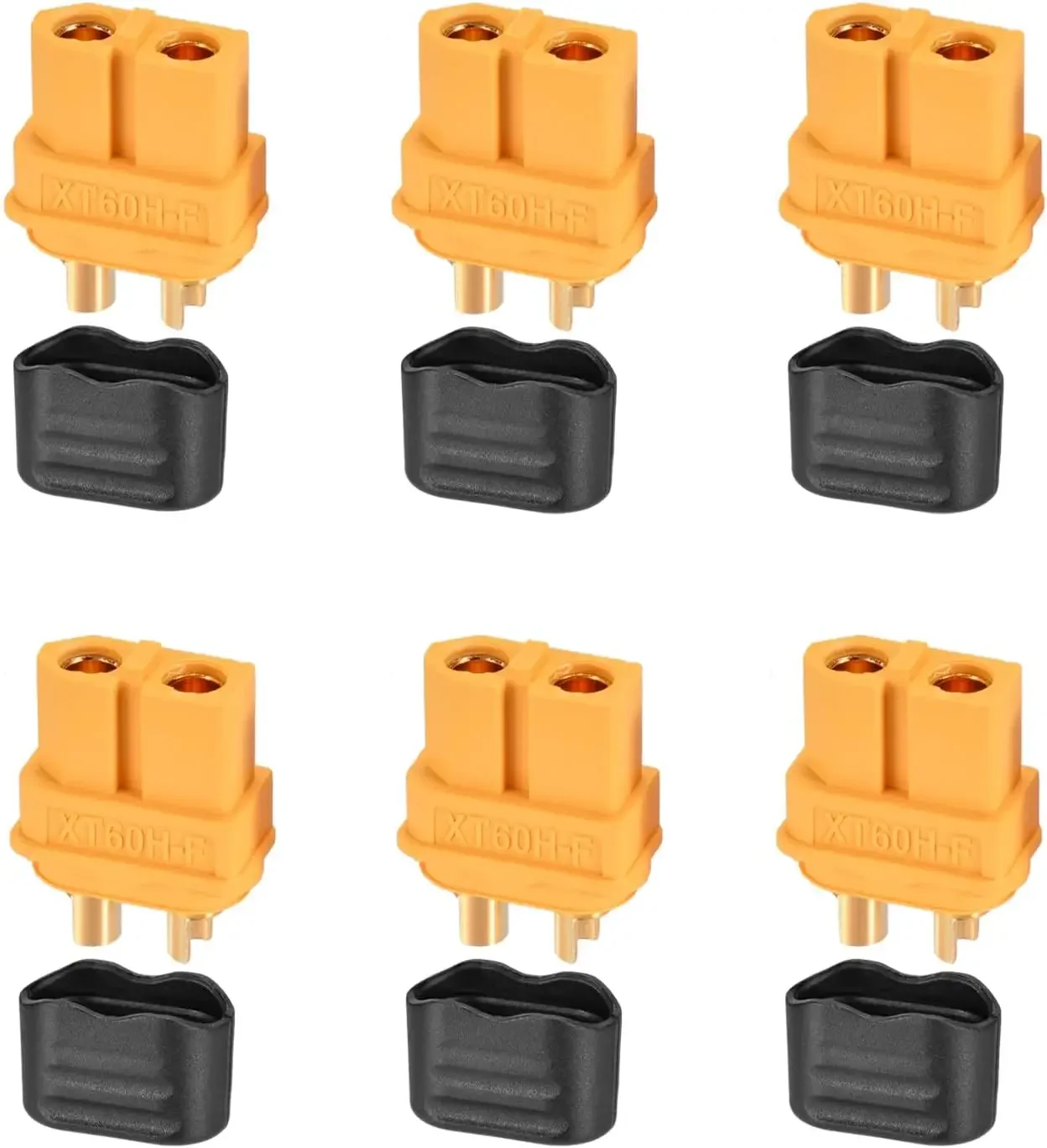 Lot de connecteurs XT60H pour batteries RC, mâles et femelles disposés en rangée.