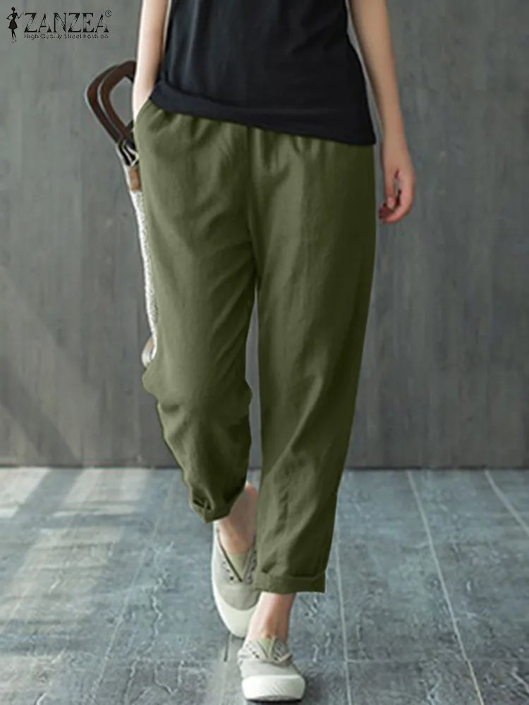 

ZANZEA Women Cotton Pants Ankle Length Elastic Waist Loose Casual Solid Harem Pants Spring Summer Vintage Long Trousers Oversize