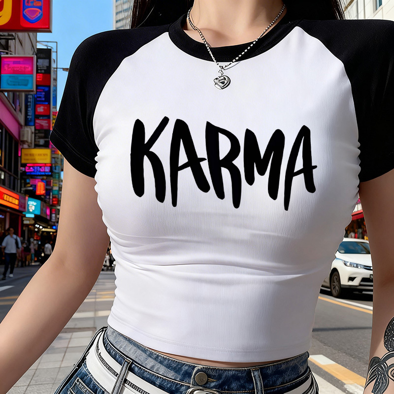 Women's Sexy Short Sleeve Tshirt Spring Summer Crew Neck Cropped T Shirt Y2K Style Crop Tops with Letter KARMA Print Clothes