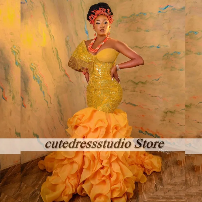 

Блестящие Африканские свадебные платья с блестками и оборками, юбка-годе, платье на одно плечо с кисточками Aso Ebi, платья для торжества