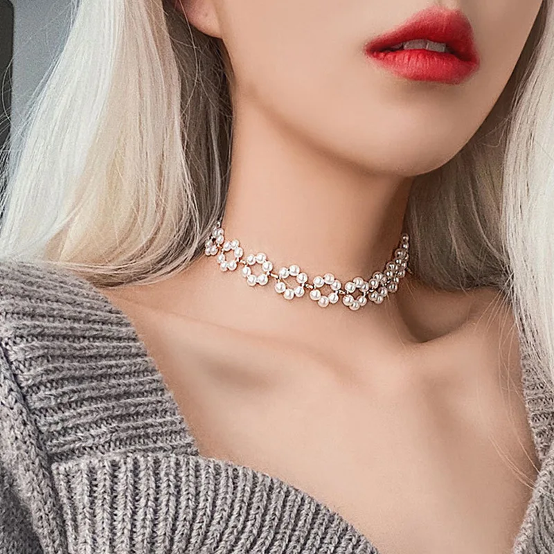 New Korea Fashion Choker Necklace Inlaid Rhinestone Pearl Necklace Women  Jew F❤J