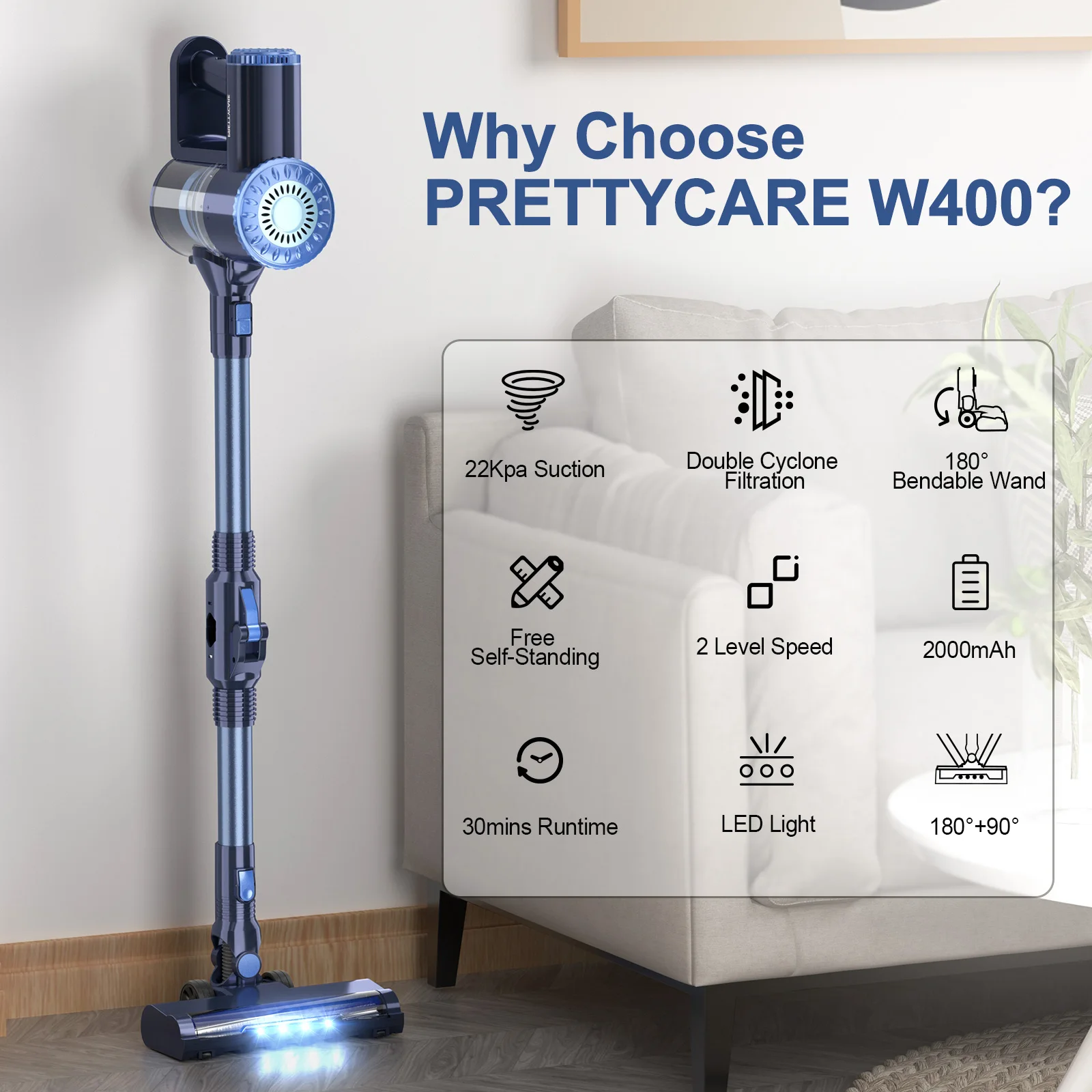 PRETTYCARE W400 Handheld Cordless Wireless Vacuum Cleaner, Lightweight  Stick Vacuum Home Self-Standing with 20Kpa 180° Bendable