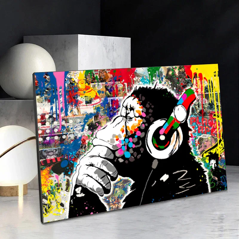 

Modern Street Graffiti Art Canvas Painting Orangutan Listening to Songs Poster Print Wall Art Picture for Living Room Home Decor