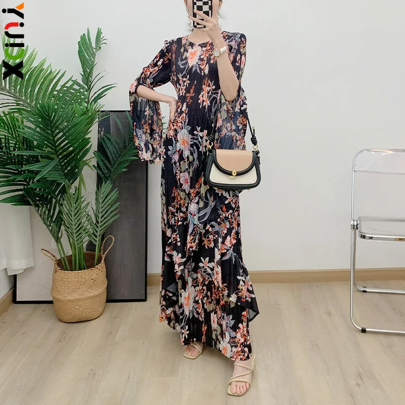 

YUDX Miyake Seven Split Sleeve Pleated Fashion Printed Women's Dress Flared Sleeve High Quality Slim Long 2024 Summer New