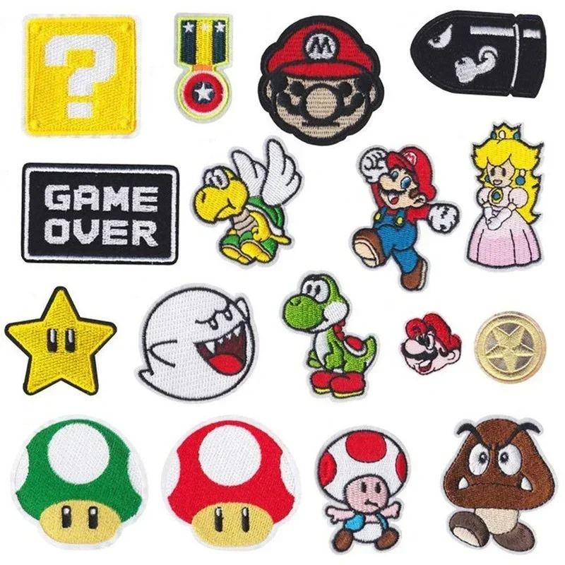 17Pcs Super Mario Bros Icon Patch Da Stiro Anime Game Figure Yoshi Wario Bowser Applique Ricamo Accessori Fai Da Te Vestiti Patch